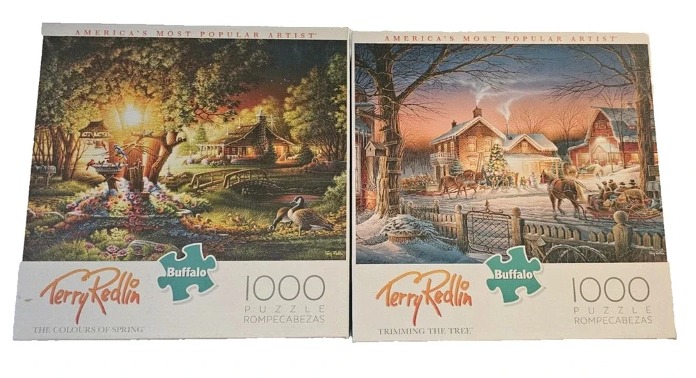 Set of 2 Buffalo Terry Redlin Jigsaw Puzzles 1000 pc Trimming the Tree - Colours